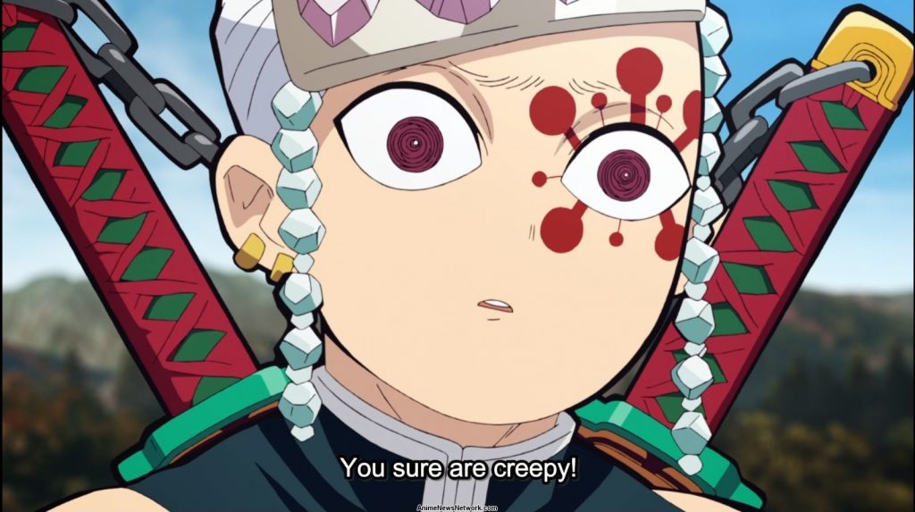 "Demon Slayer: Entertainment District Arc" screenshot featuring a Tengen Uzui funny face telling you how creepy you are. You creep.