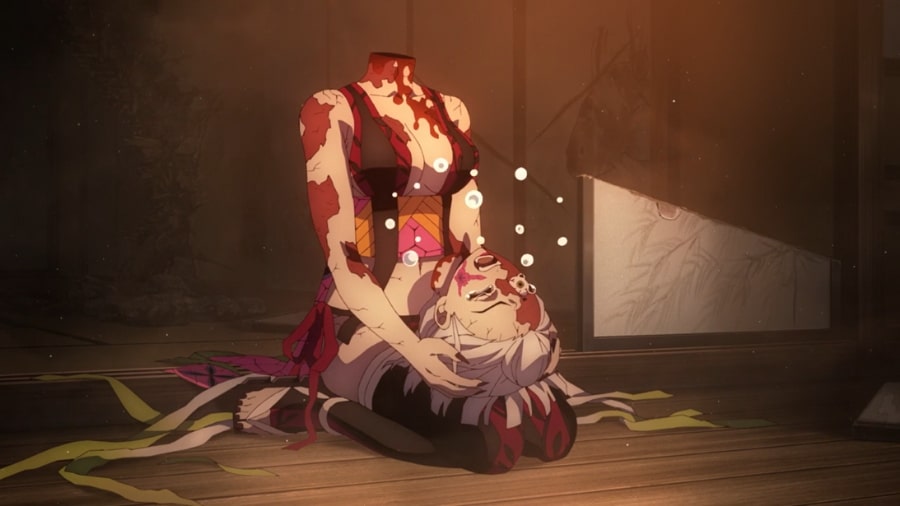 "Demon Slayer: Entertainment District Arc" screenshot showing a beheaded Daki throwing the mother of all tantrums.