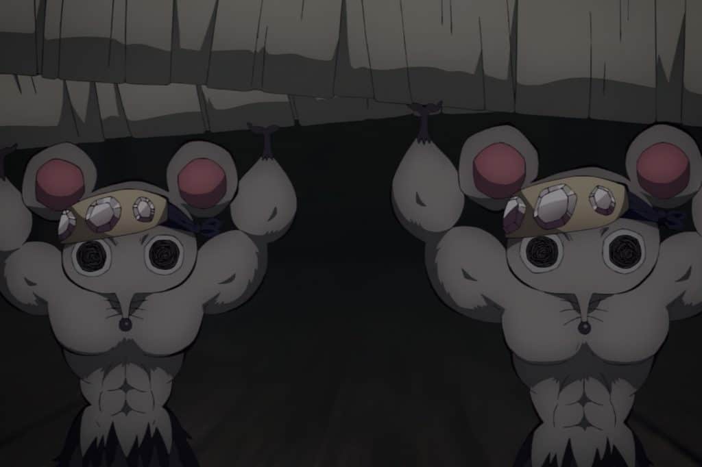 "Demon Slayer: Entertainment District Arc" screenshot showing the muscle mice carrying Inosuke's swords to him.