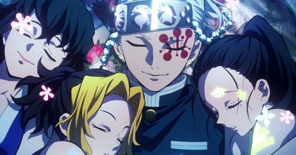 "Demon Slayer: Entertainment District Arc" ending sequence showing Tengen Uzui and his 3 wives cuddling together.