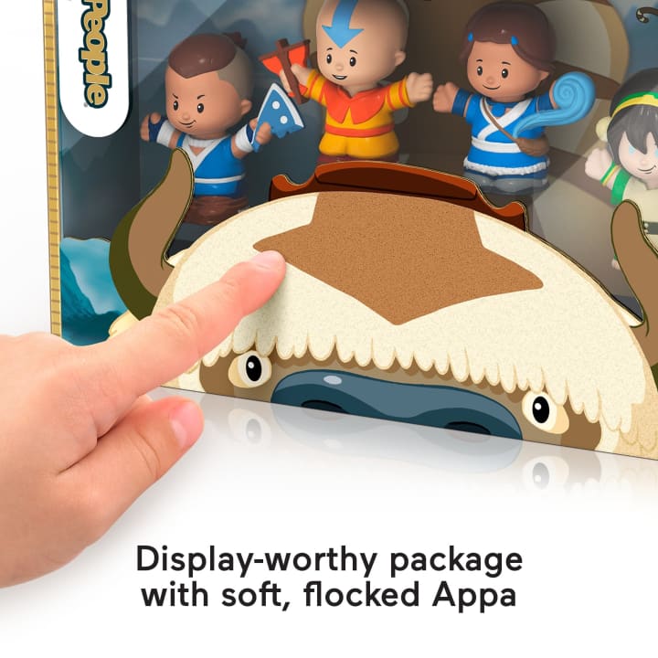 "Avatar: The Last Airbender" Little People collector set box showing someone booping Appa's soft, flocked head.