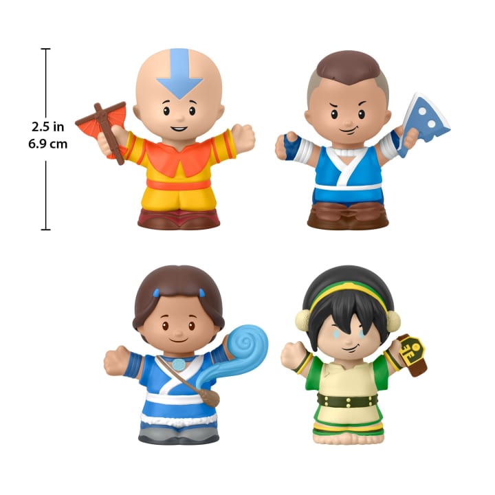 "Avatar: The Last Airbender" Little People collector set with a scale measuring them at 2.5 in/6.9 cm.