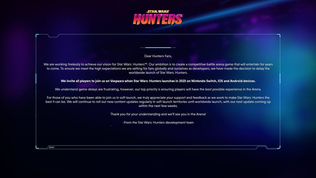 "Star Wars: Hunters" delay notice on Twitter from Zynga Star Wars.