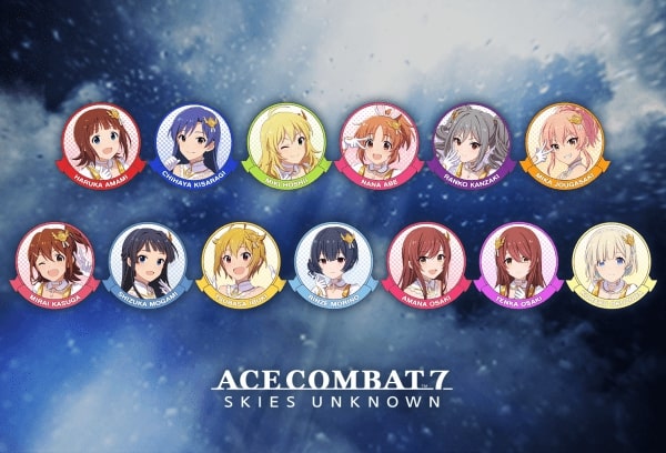 "Ace Combat 7: Skies Unknown ~ 3rd Anniversary Update" "The Idolmaster" collaboration emblems.