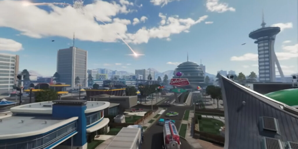 A bomb streaks towards Nuketown 2025 in Call of Duty: Black Ops 7.