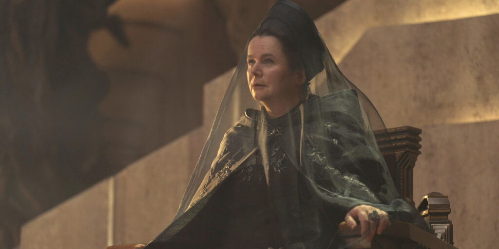 A satisfied Emily Watson sits on a throne in Dune: Prophecy S1 E6 - "The High-Handed Enemy."