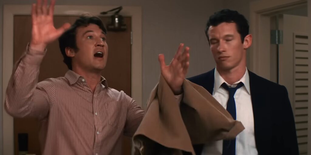 Miles Teller and Callum Turner as Larry and Luke in Eternity