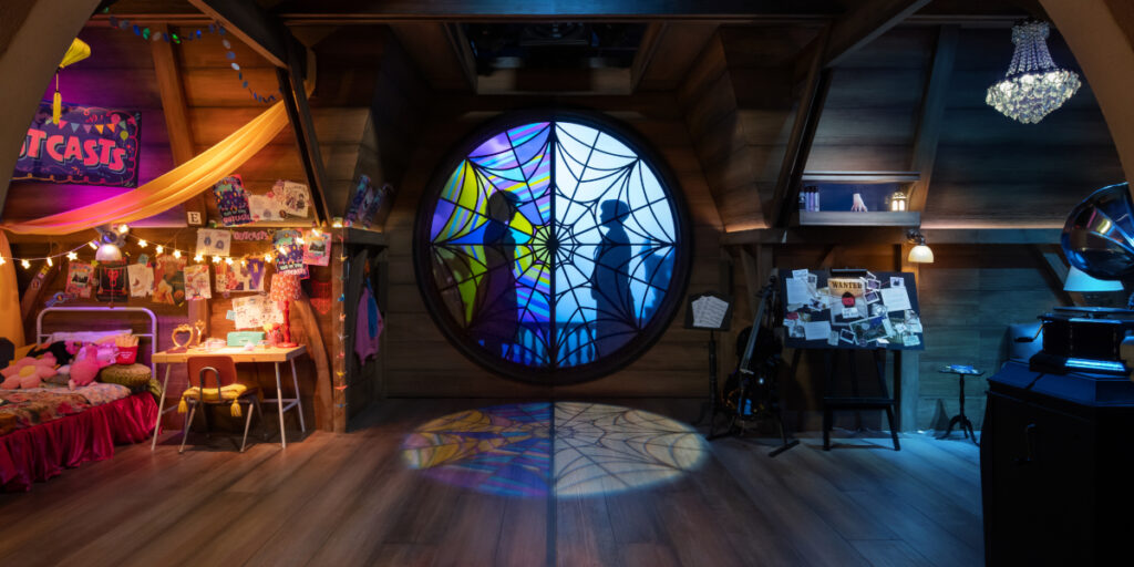 Wednesday and Enid's dorm room from Wednesday: Eve of the Outcasts at Netflix House Philadelphia.