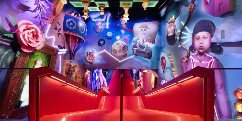 A view of the Netflix House Philadelphia atrium, from atop its staircase.