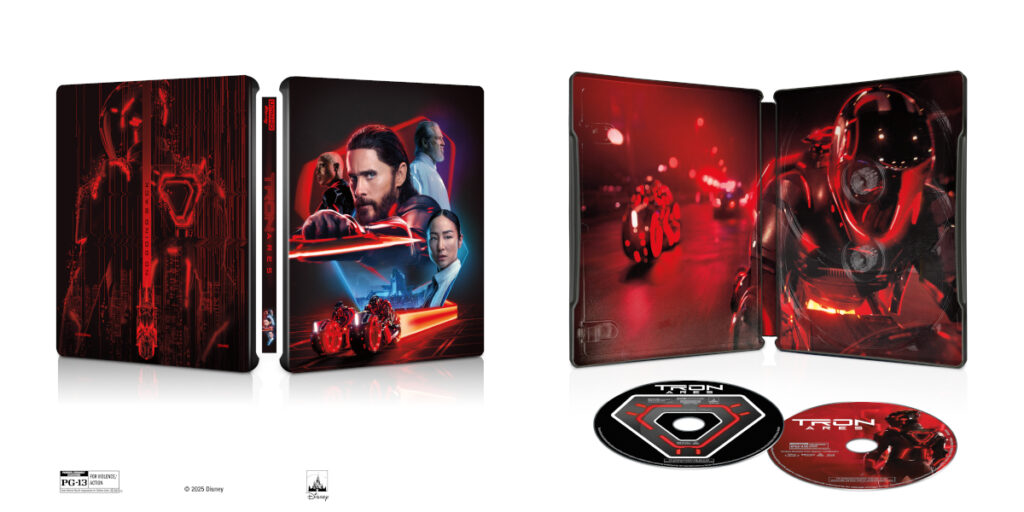 Tron Ares' 4K Steelbook and disc art, shown side by side.