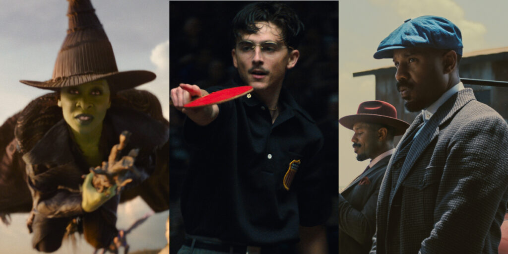 Cynthia Erivo in Wicked: For Good, Timothee Chalamet playing ping pong in Marty Supreme, and dual Michael B. Jordans in Sinners, pictured next to each other.
