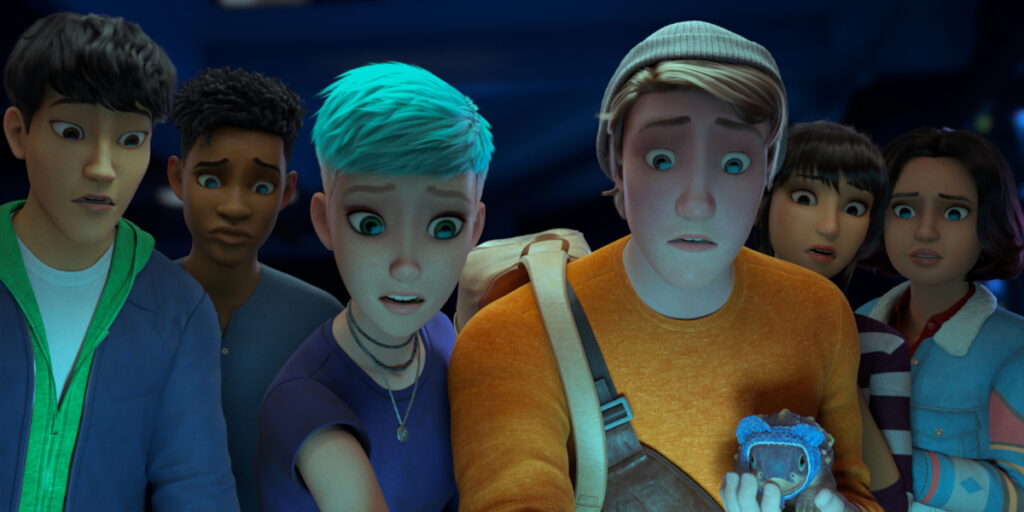 Kenji, Darius, Brooklynn, Ben, Yaz, and Sammy stand together around a console with looks of worry in Jurassic World: Chaos Theory. 