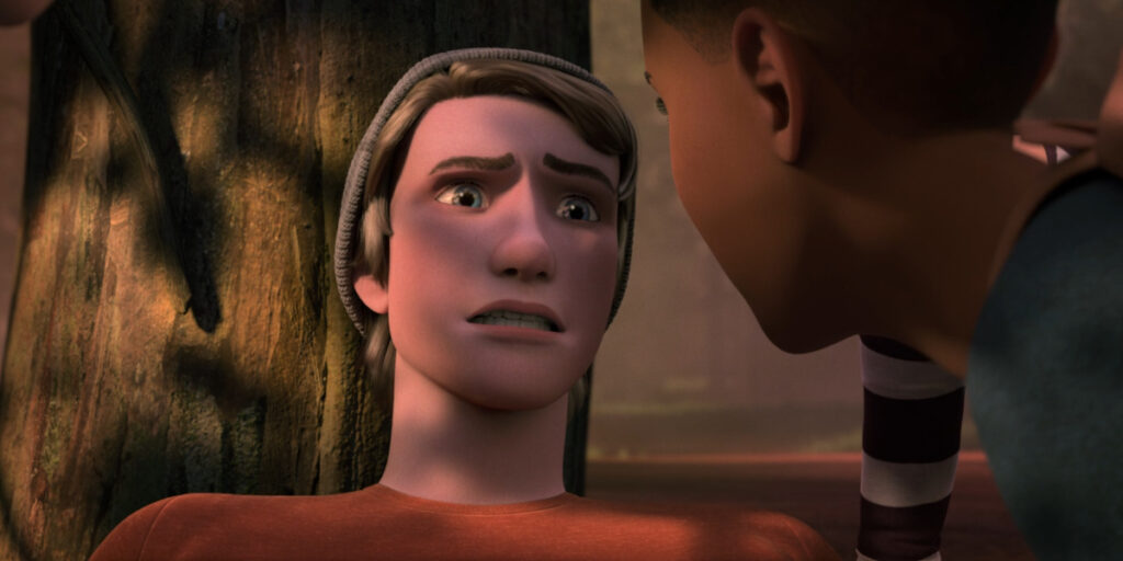 Ben Pincus grimaces in pain as he lies against a tree in Jurassic World Chaos Theory S4, E6 - "Fire."