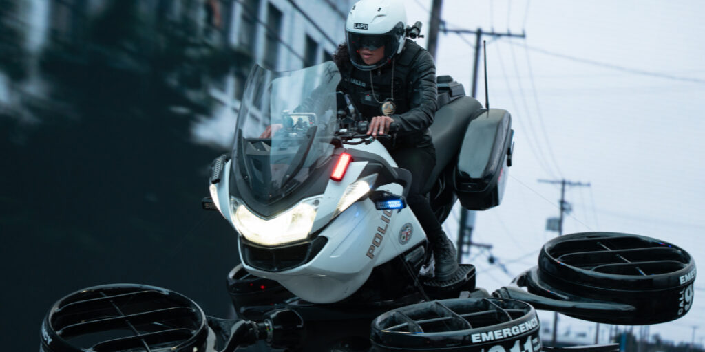 Kali Reis rides into action on an LAPD hoverbike in Mercy.