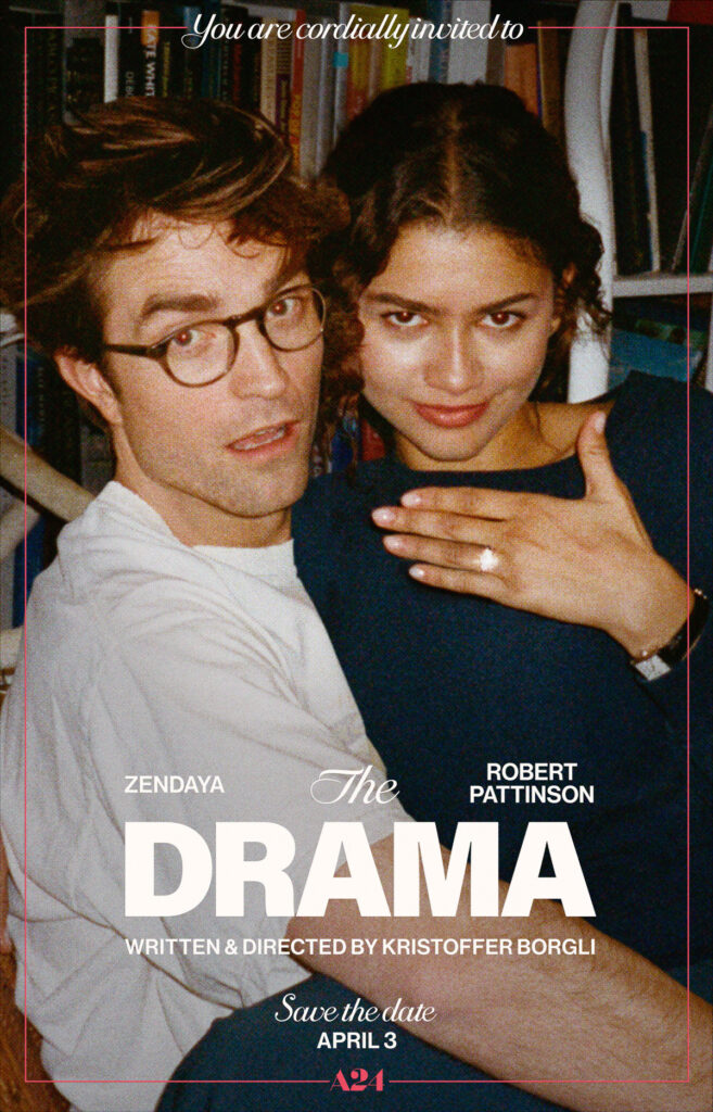 The Drama teaser poster shows a shocked Robert Pattinson sitting with a smirking Zendaya.