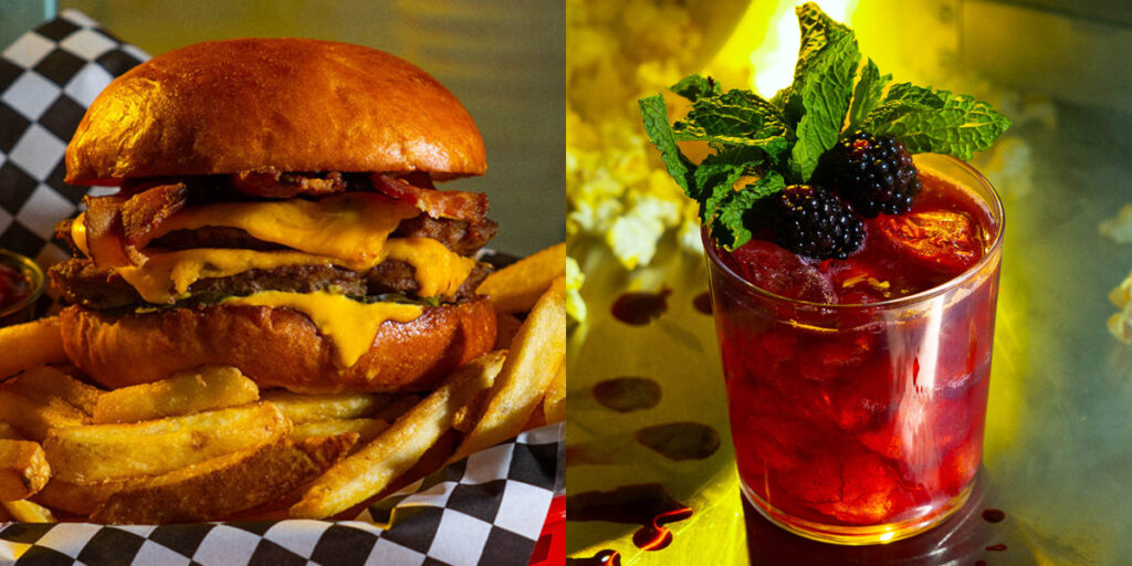 A Jill Sandwich and T-Virus Cocktail pictured side by side from Alamo Drafthouse's Raccoon City Cinema menu.