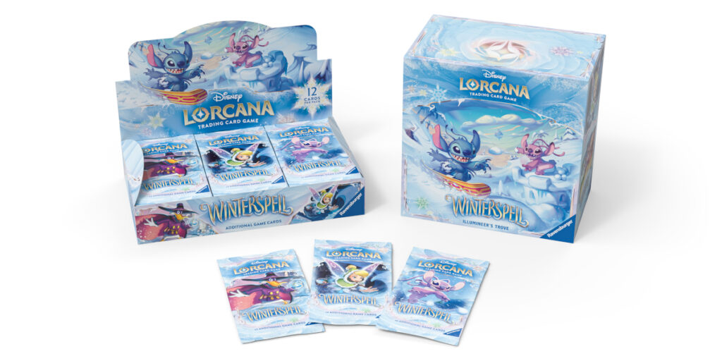 A box of single packs and Illumineer's Trove pictured for Disney Lorcana WinterSpell.