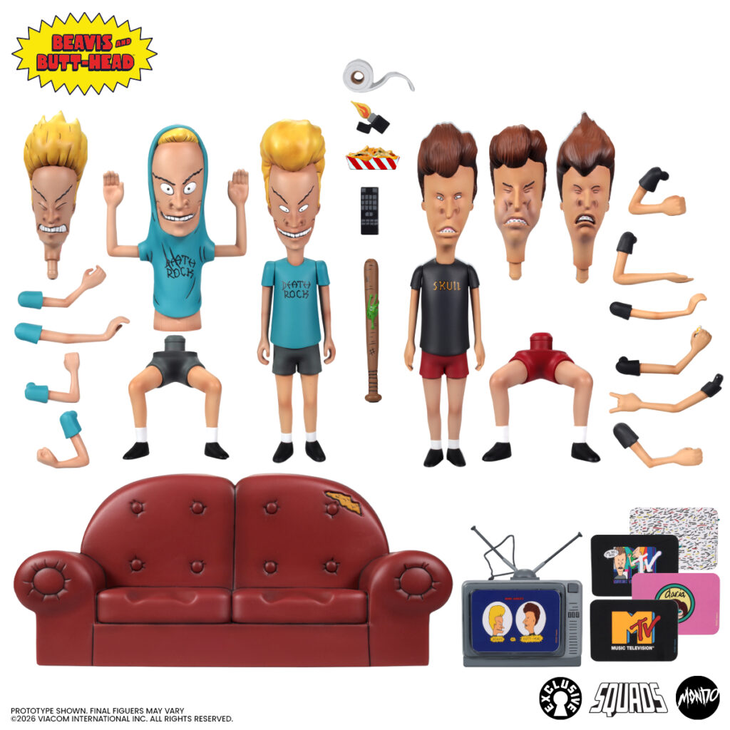 Mondo's Beavis and Butt-Head Limited Figure Set, shown broken down to its interchangeable parts.