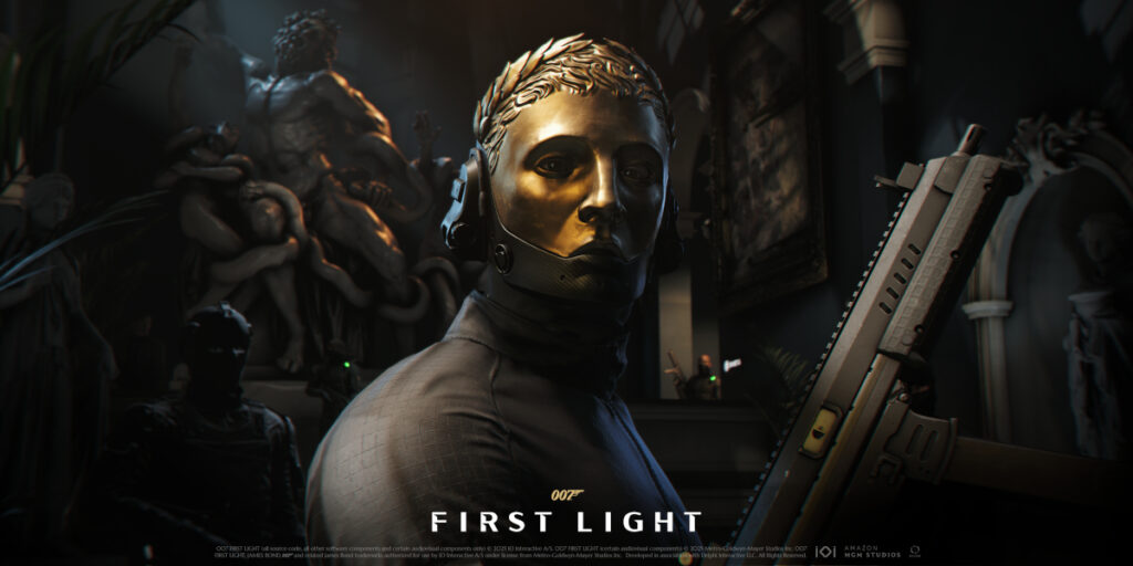 The mysterious gold masked villain stands in a courtyard at night in 007: First Light.