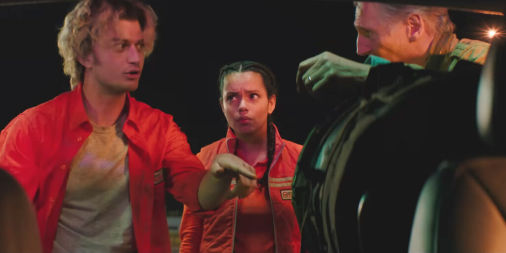 Joe Keery questions Liam Neeson's decision while Georgina Campbell watches in Cold Storage.