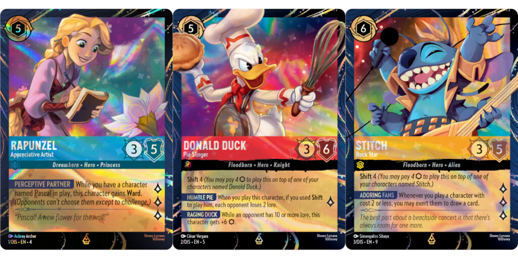 A triptych of Rapunzel, Donald Duck, and Stitch's Disney Lorcana promo cards, for Epcot Festival of the Arts 2026.