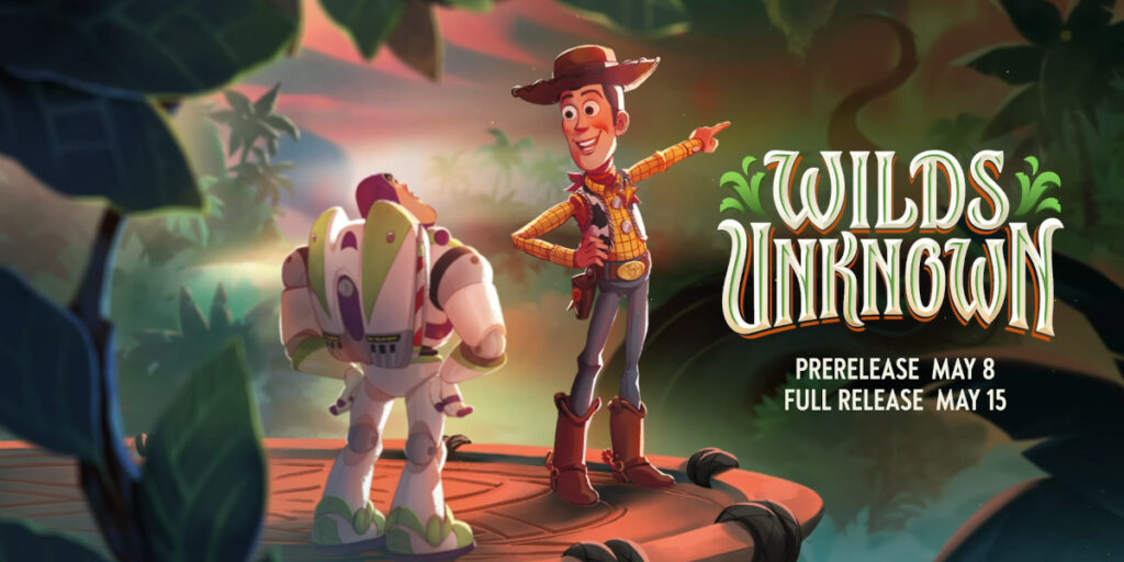 Woody points into the wilds with Buzz standing beside him in the key art for Disney Lorcana - Expansion 12 - Wilds Unknown.