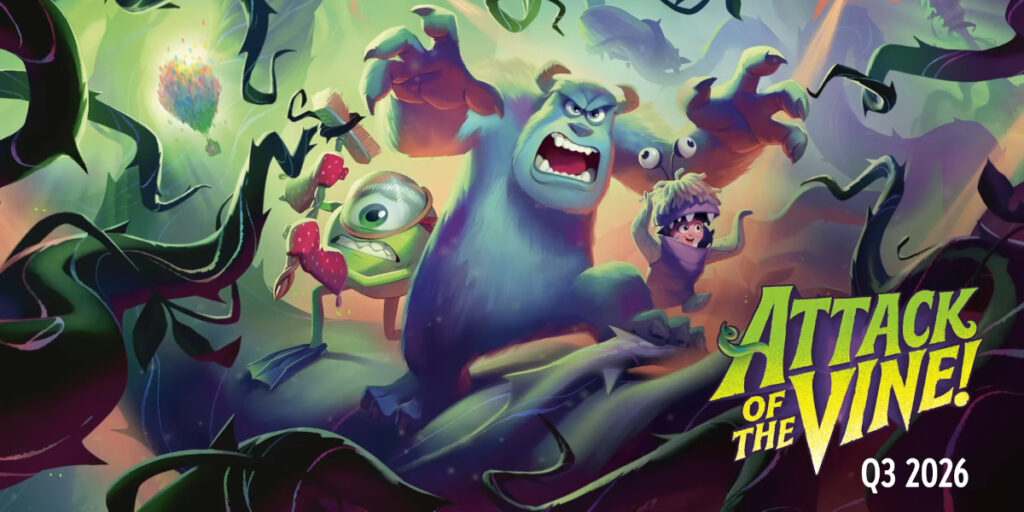 Mike Wazowski, Sulley, and Boo stand together in combat, in the key art for Disney Lorcana - Expansion 13 - Attack of the Vine.