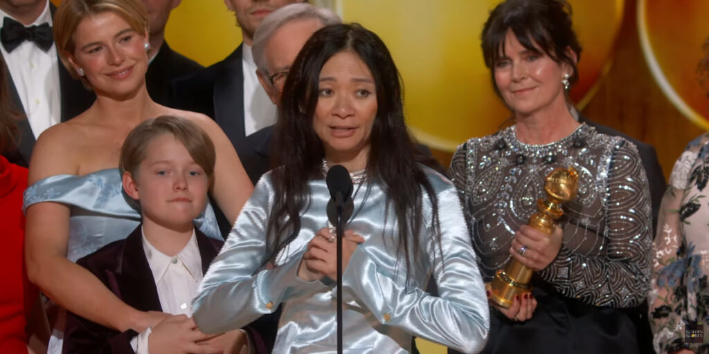 Chloe Zhao pictured giving her acceptance speech for Hamnet, at the 2026 Golden Globes.