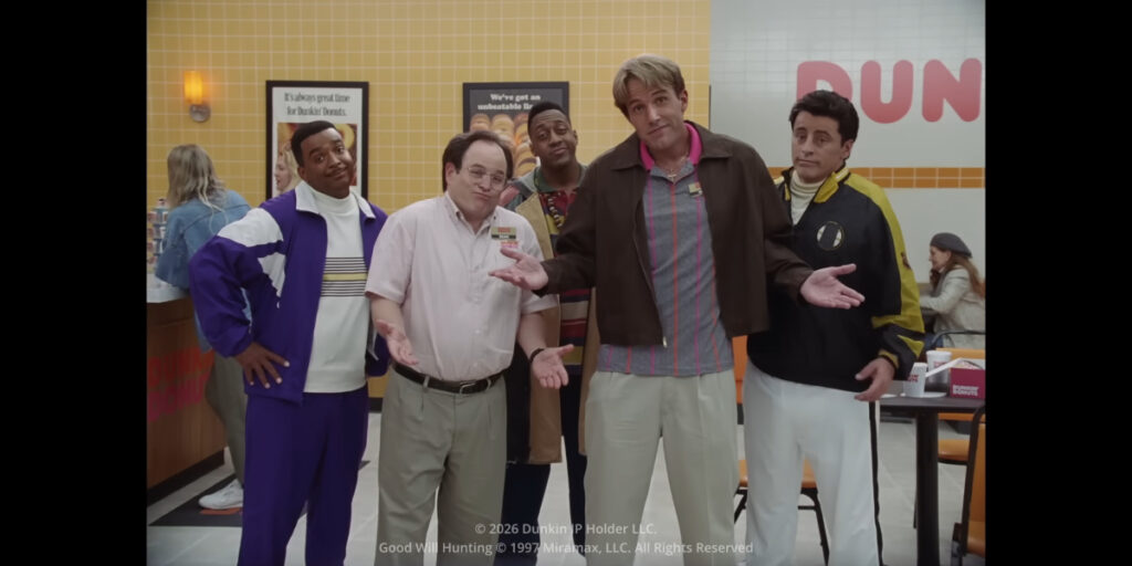 The male cast shrugs along with Ben Affleck in the Good Will Dunkin' Super Bowl ad.