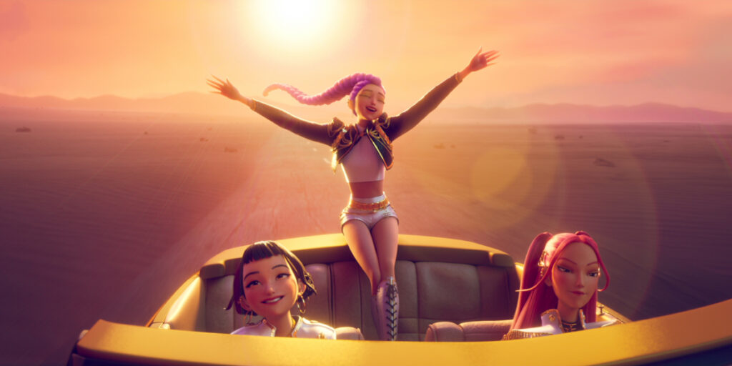 Huntr/x ride happily in a convertible in the Golden music video for KPop Demon Hunters.