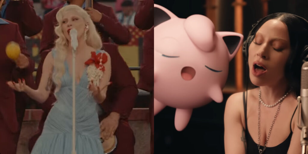 Lady Gaga pictured during the Super Bowl LX halftime show, next to her singing with Jigglypuff in the Pokémon 30th ad.