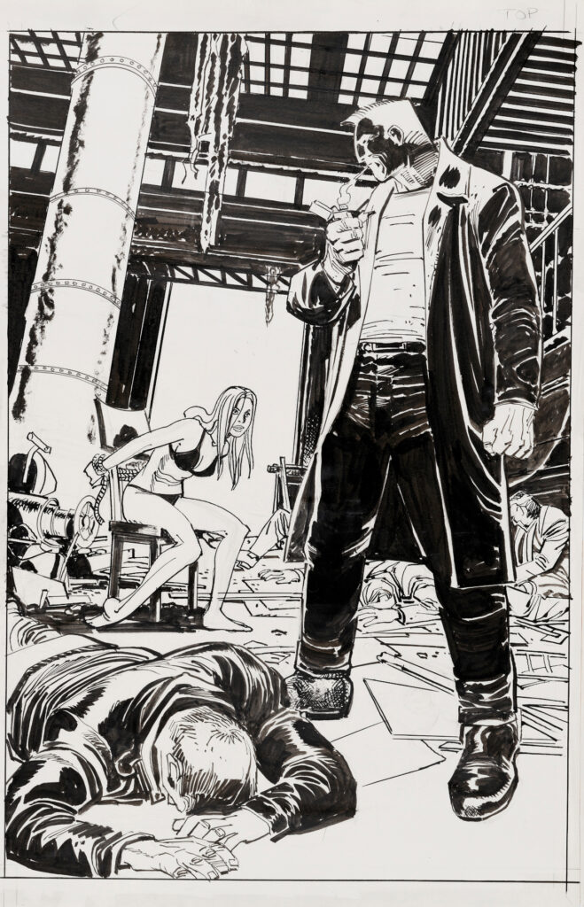 Marv lights a cigarette in front of a captive woman, in a warehouse of carnage in Sin City.