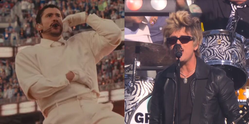 Bad Bunny and Billie Joe Armstrong pictured side by side, from their respective Super Bowl LX performances.