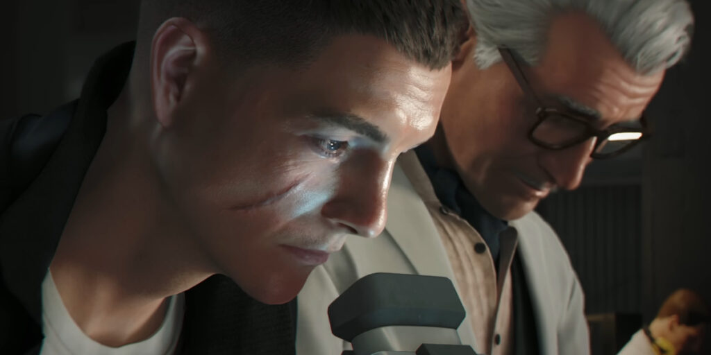 James Bond looks into a microscope with concern as Q stands next to him in 007: First Light.