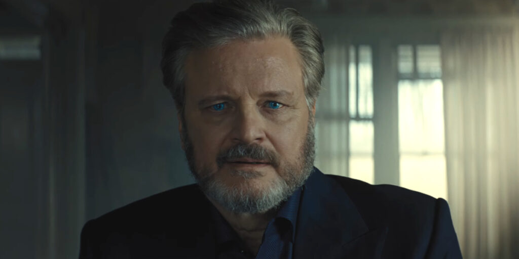 Colin Firth stares ahead with mysterious blue eyes in Disclosure Day.