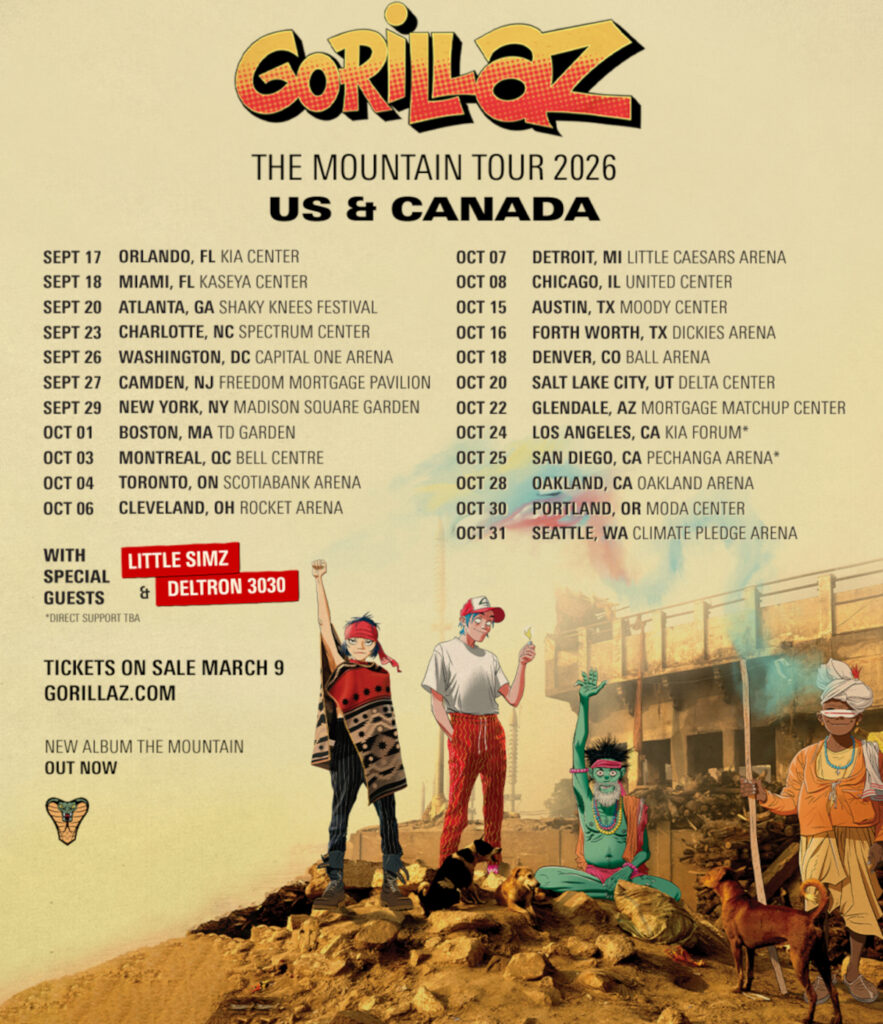 Key art and date announcements for Gorillaz' The Mountain Tour.