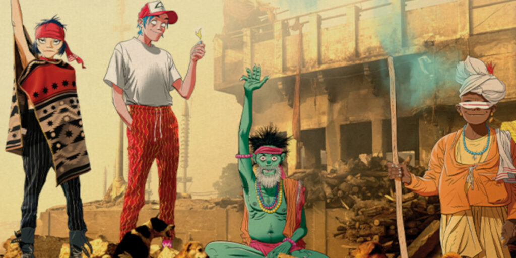 Gorillaz pose together in front of a wrecked building for The Mountain Tour art.