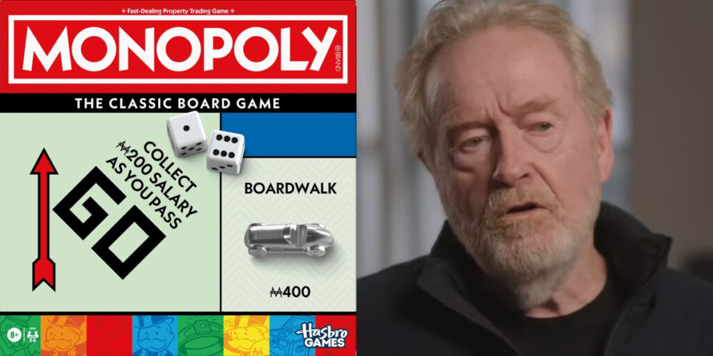 The Monopoly board game art, pictured next to a shot of Ridley Scott from a featurette for Napoleon.