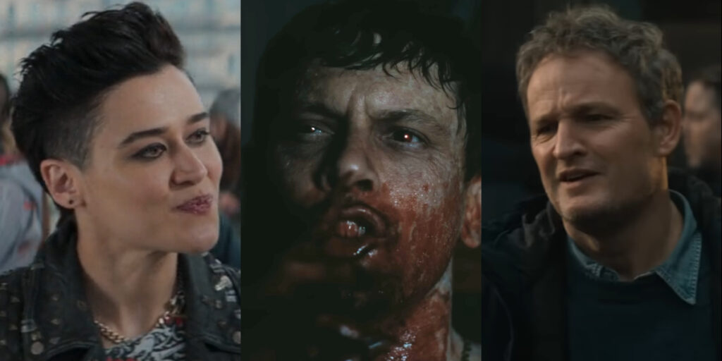 Katy O'Brian, Jack O'Connell, and Jason Clarke, respectively shown side by side in images from The Running Man, Sinners, and The Last Frontier.