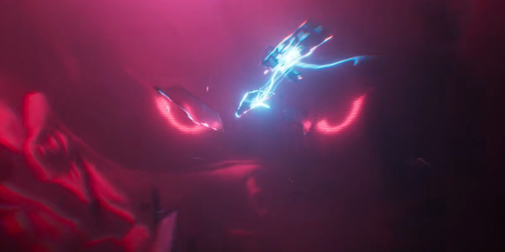 Metal Sonic's face looms with Amy's hammer in the middle in Sonic the Hedgehog 4's title reveal video.