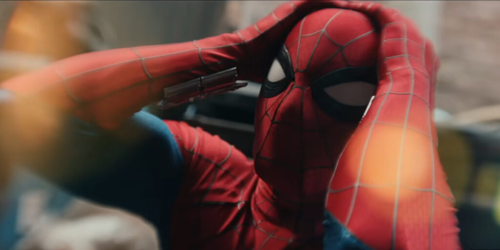 Spider-Man holds his head with concern in traffic in Spider-Man: Brand New Day.
