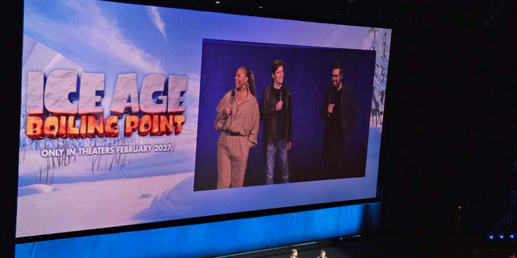 Queen Latifah, Denis Leary, and Ray Romano presenting for Ice Age Boiling Point at Disney's CinemaCon 2026 panel.