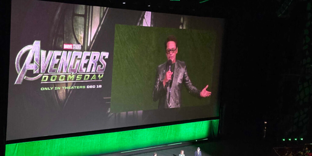 Robert Downey Jr presenting for Avengers: Doomsday at Disney's CinemaCon 2026 panel.