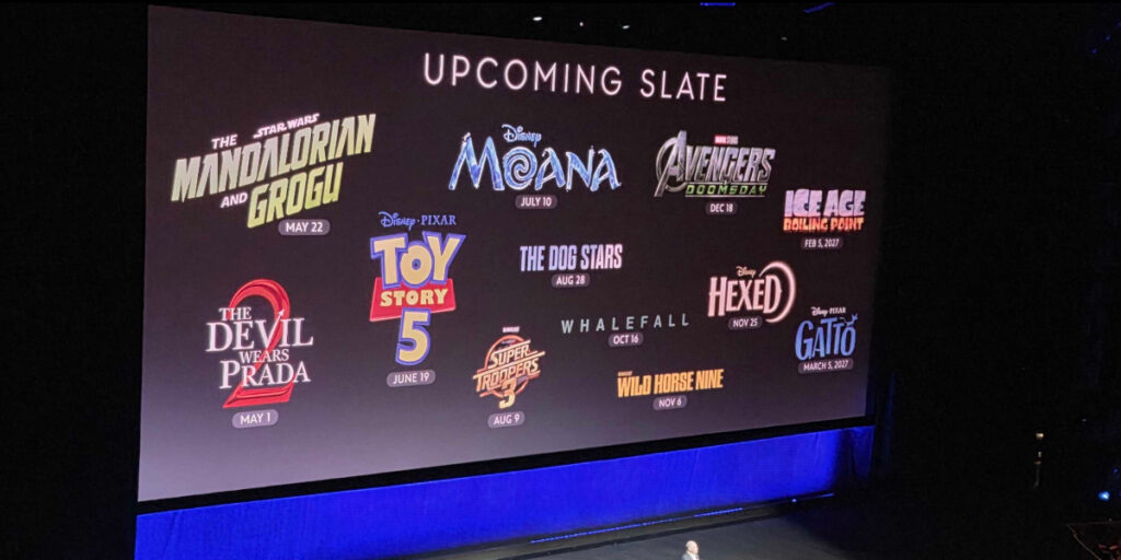 A slide featuring Disney's 2026-early 2027 slate from Disney's CinemaCon 2026 panel.