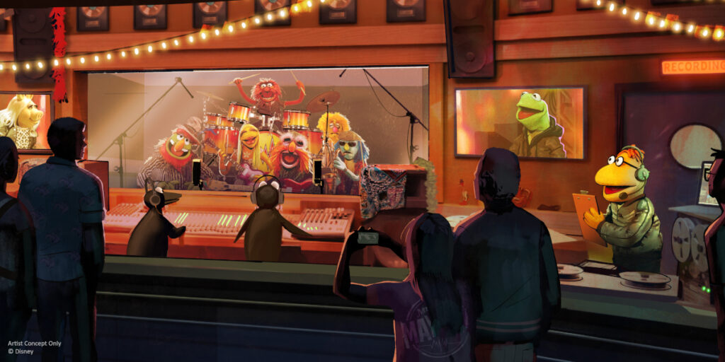 The artists rendering of the attraction queue for Rock n Roller Coaster Starring The Muppets.