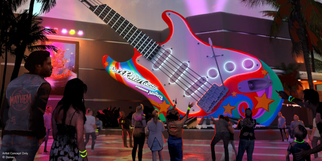 The artists rendering of the outside courtyard for Rock n Roller Coaster Starring The Muppets.