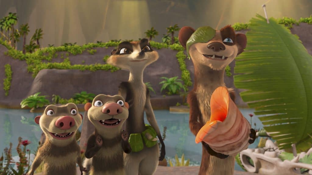 Crash (voiced by Seann William Scott), Eddie (voiced by Josh Peck), Zee (voiced by Justina Machado), and Buck (voiced by Simon Pegg) in THE ICE AGE ADVENTURES OF BUCK WILD, exclusively on Disney+