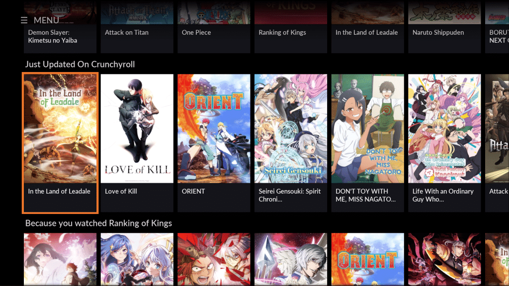 A selection of anime titles from the Crunchyroll app for the Nintendo Switch.