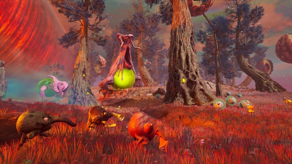 "The Eternal Cylinder" screenshot showing Trebhums and other creatures of the Savannah running from a very angry Cylinder.