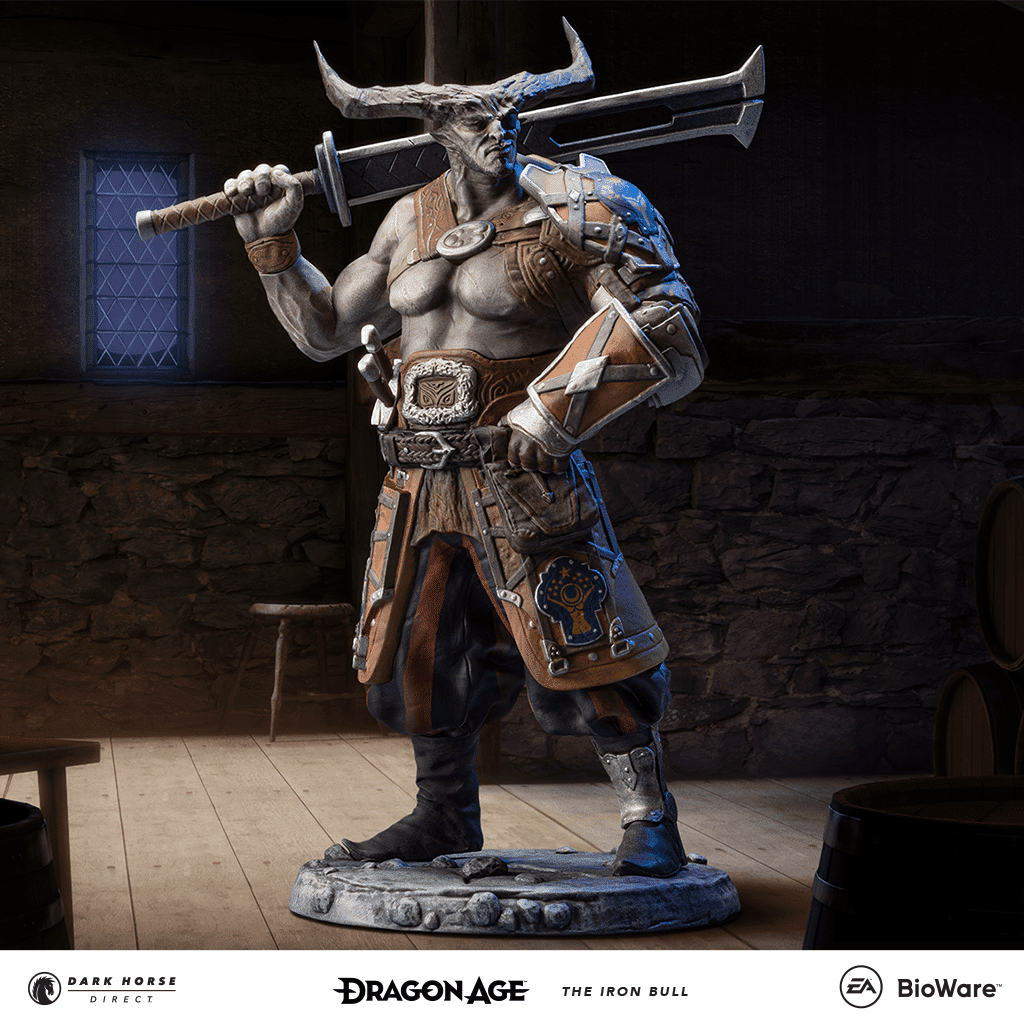 The Iron Bull statuette with tavern background.